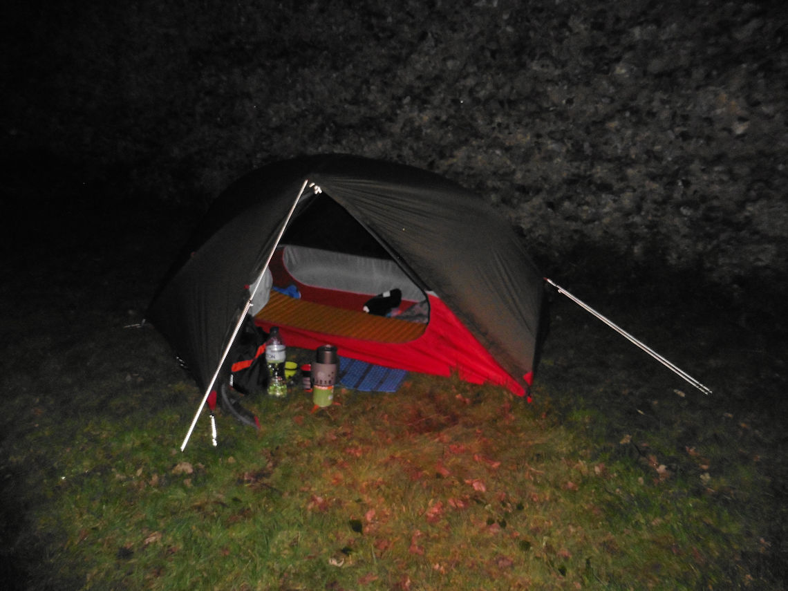 Pitching my tent in the dark at Thurnham Castle.