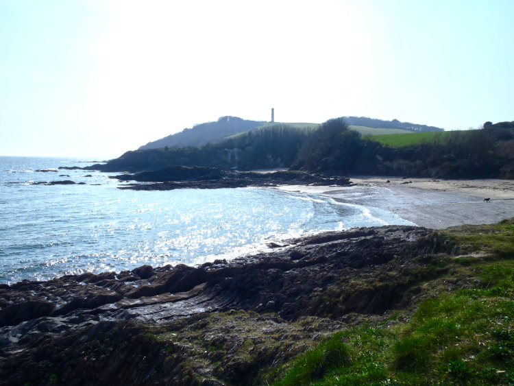 Polridmouth Beach with Gribbin Tower in the distance taken from Lankelly Cliff