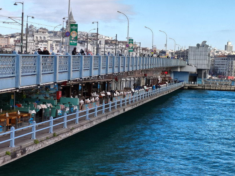 The Galata Bridge with shops and cafes below