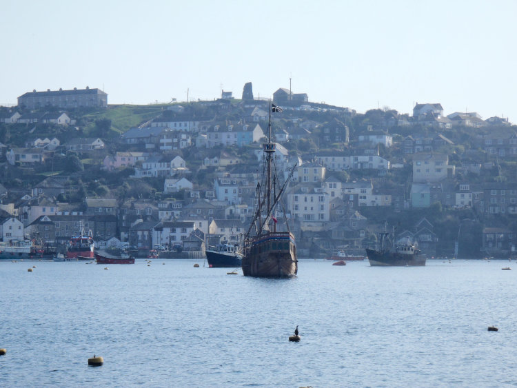 The Matthew with Polruan in the background taken from Fowey Town Quay