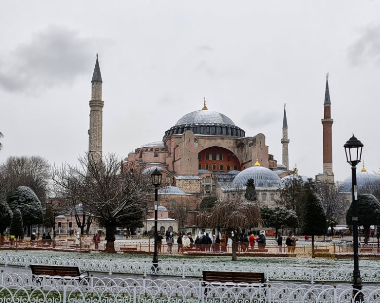 What a difference a day makes. The Haigia Sophia in snow